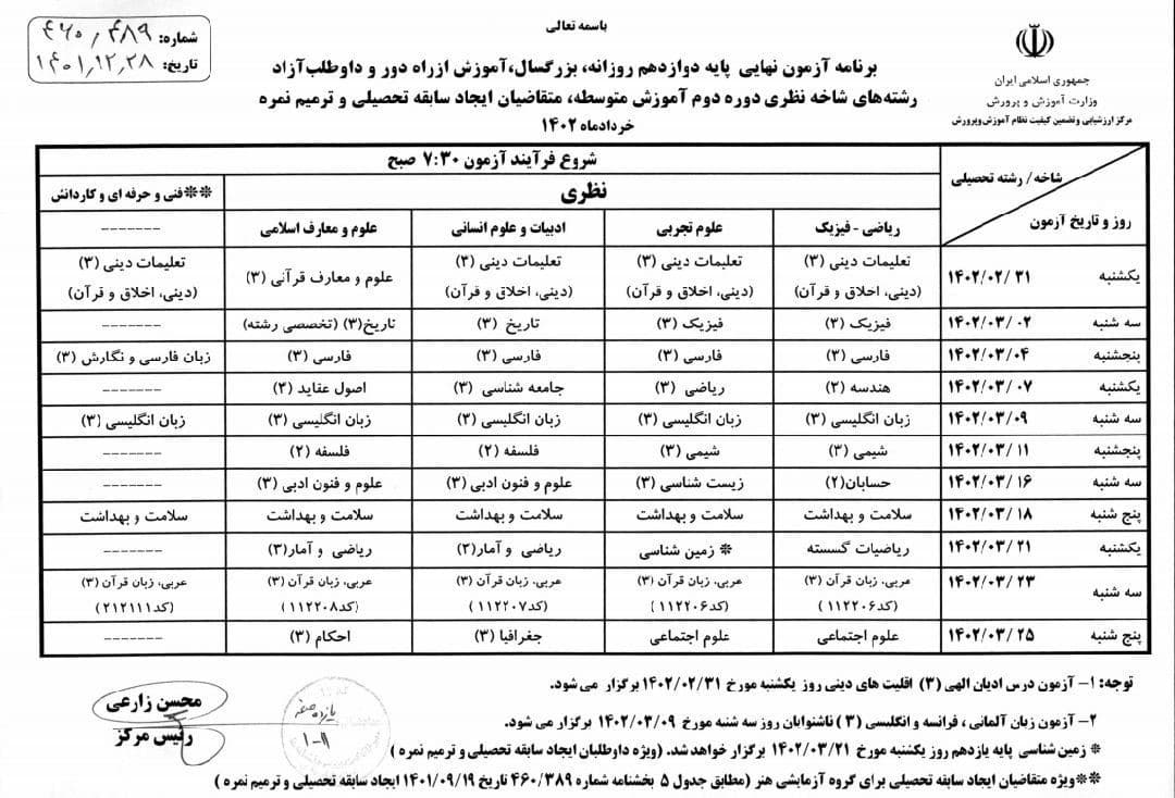 برنامه امتحانات نهایی خرداد ماه  پایه دوازدهم 1401_1402